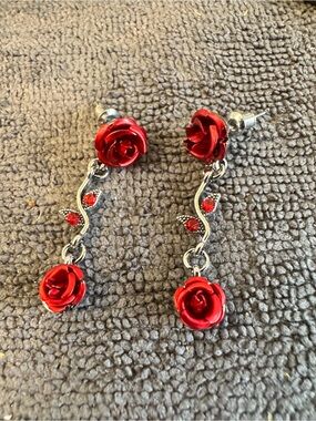 Red Rose Dangle Earrings with Silver-Tone Accents